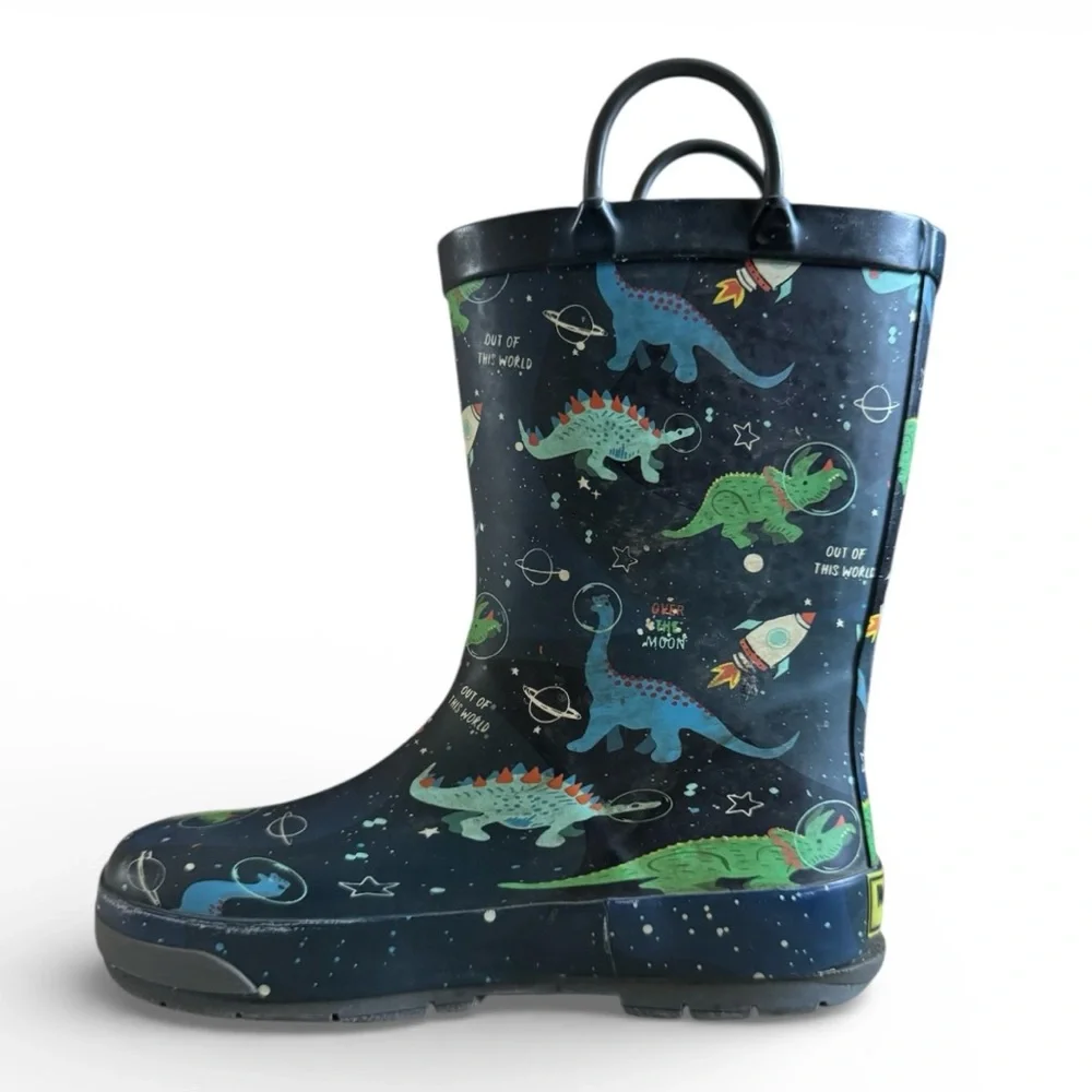 Western Chief Kids Waterproof Rain Boots Dino Space Navy Pull On Outdoor Size 13